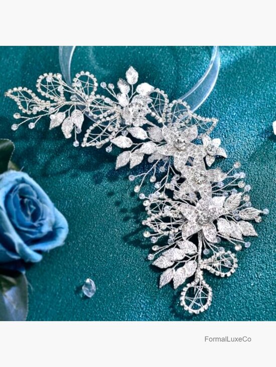 Luxury Wide Wedding Headband Silver Flower Leaf Rhinestone Hair Piece for Women main image 6